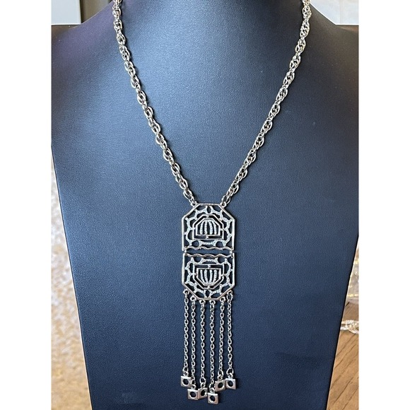 Vintage Art Deco Style Tassel Dangle Necklace 18 In Filigree Openwork Geometric - Picture 5 of 6